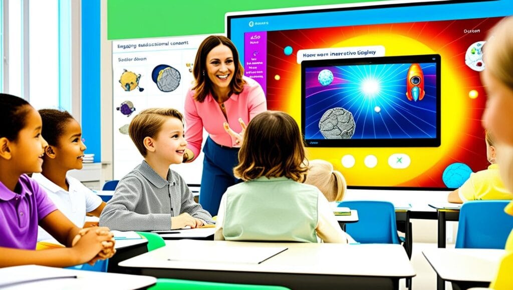 Teacher using an interactive flat panel in a classroom